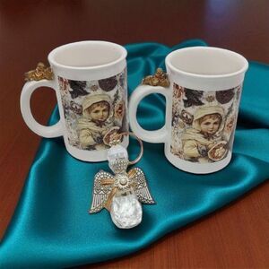 Two Vintage Enesco Christmas Victorian Theme Holiday Cherub Mugs 4" Coffee Cups